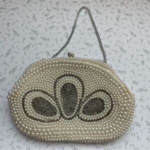 Vintage Japan Elegant Pearl and Silver Beaded Clutch Bag